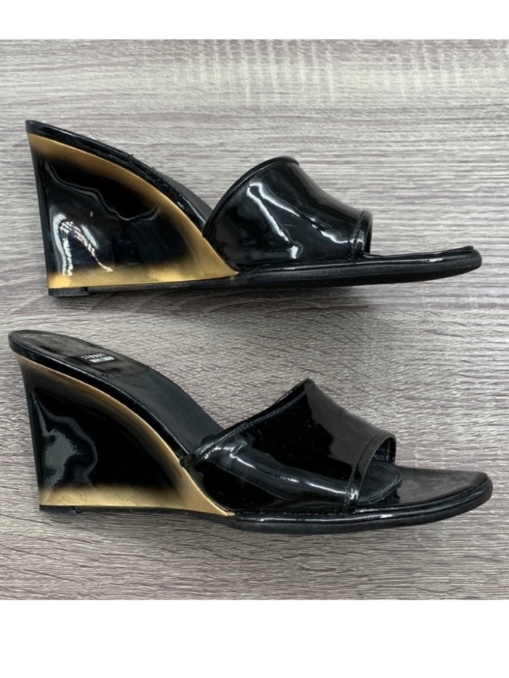 Stuart Weitzman Black Patent Leather Wedge Slide Sandals (Glossy).   7B. - Picture 8 of 10